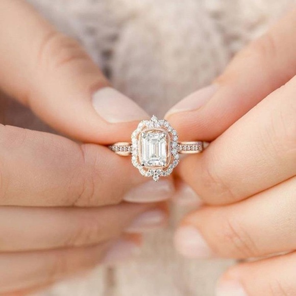 NEW Rose Gold Diamond Halo Radiant Cut Engagement Ring